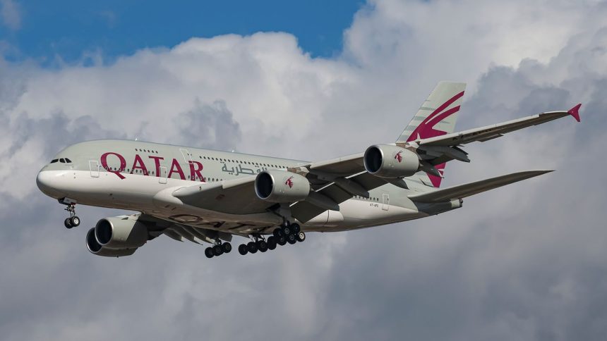 A Qatar Airways Airbus A380 double decker passenger aircraft.