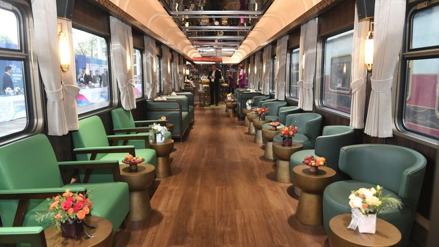 This photo shows the lounge carriage of a panda-themed tourist train at Anjing Railway Station in Chengdu, southwest China's Sichuan Province, November 10, 2024.