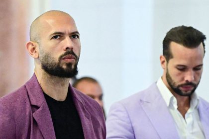 Andrew Tate, left and his brother Tristan Tate at The Court of Appeal in Bucharest, Romania, last year.