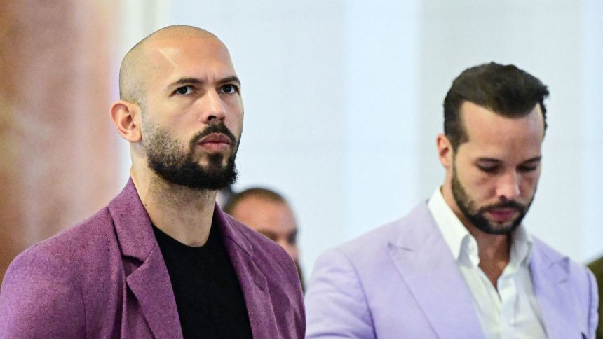 Andrew Tate, left and his brother Tristan Tate at The Court of Appeal in Bucharest, Romania, last year.