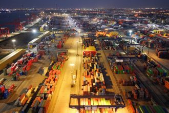 Containers are seen at the port in Nanjing, in China's eastern Jiangsu province, on February 5.