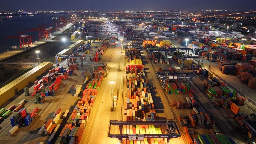 Containers are seen at the port in Nanjing, in China's eastern Jiangsu province, on February 5.