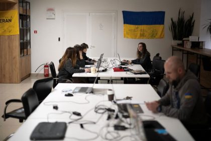 Staff at the Ukrainian NGO Veteran Hub work at the organization's office in Vinnystsia, Ukraine.