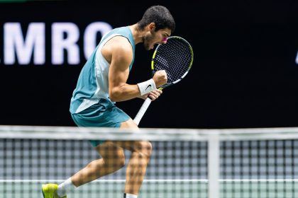 Alcaraz celebrates a point at the Rotterdam Open.