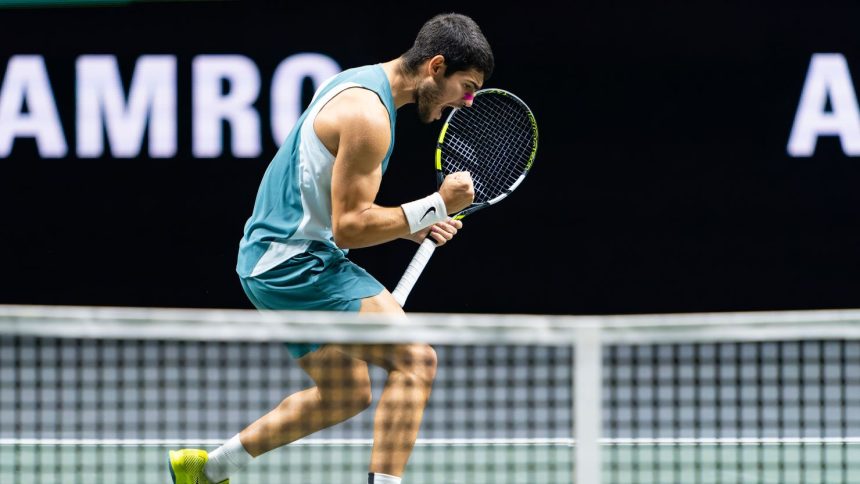 Alcaraz celebrates a point at the Rotterdam Open.