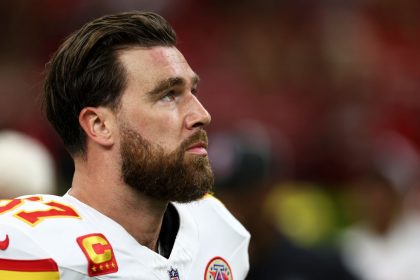 Travis Kelce of the Kansas City Chiefs is seen on the field before Super Bowl LIX in New Orleans, Louisiana, on February 9.