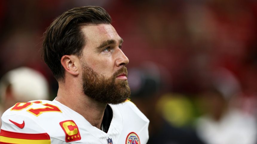 Travis Kelce of the Kansas City Chiefs is seen on the field before Super Bowl LIX in New Orleans, Louisiana, on February 9.