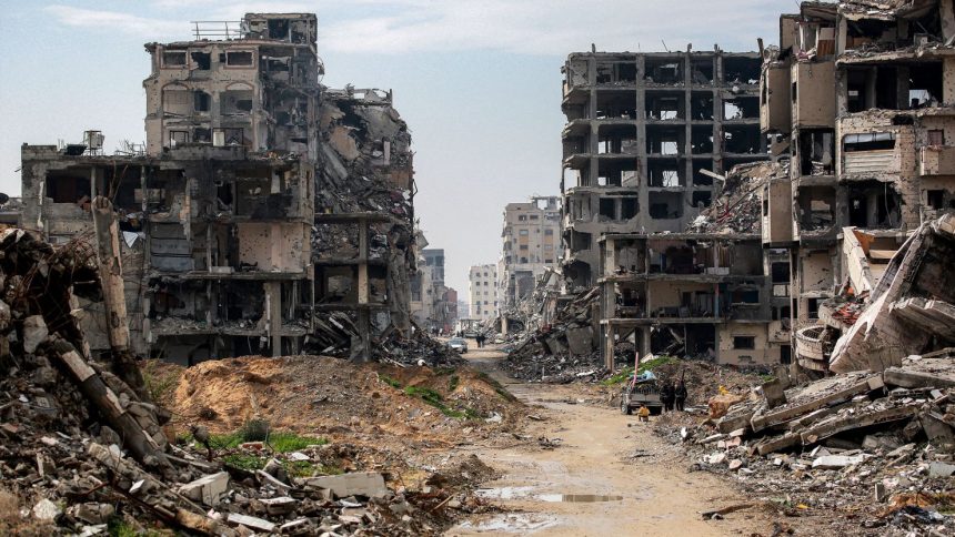 Destroyed buildings in the west of Beit Lahia in the northern Gaza Strip on February 11, 2025.