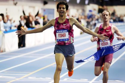 Grant Fisher reacts after setting a new indoor world record in the men's 3000m.