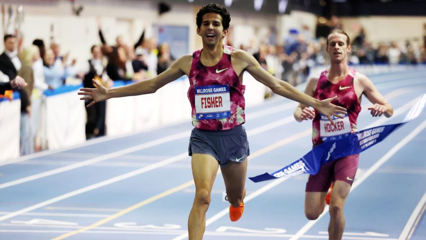 Grant Fisher reacts after setting a new indoor world record in the men's 3000m.