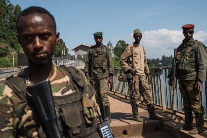 M23 rebel troops arrive at the Rusizi border post, joining the Congolese city of Bukavu with Cyangugu in Rwanda, on February 16, 2025 in Cyangugu, Rwanda.