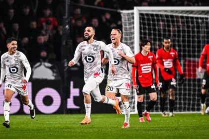 Nabil Bentaleb celebrates his goal during the Ligue 1 match between Rennes and Lille at Roazhon Park.