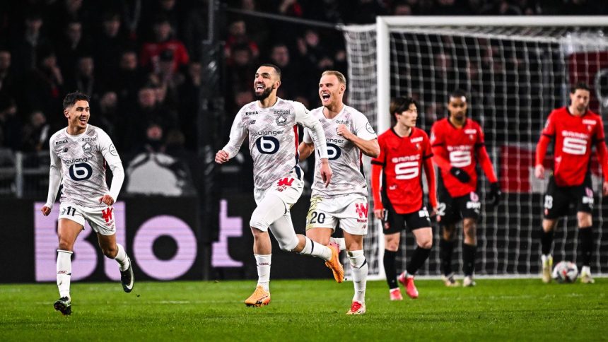 Nabil Bentaleb celebrates his goal during the Ligue 1 match between Rennes and Lille at Roazhon Park.