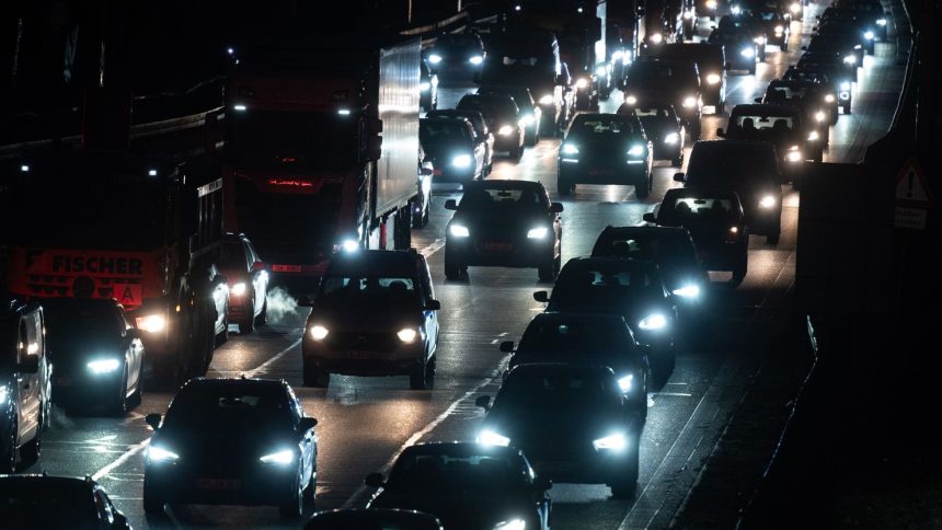 Cars in gridlocked rush-hour traffic in Baden-Württemberg, Stuttgart, on February 17 2025. The party that won Germany's election has called for the reversal of a ban on new gas-powered cars by 2035.