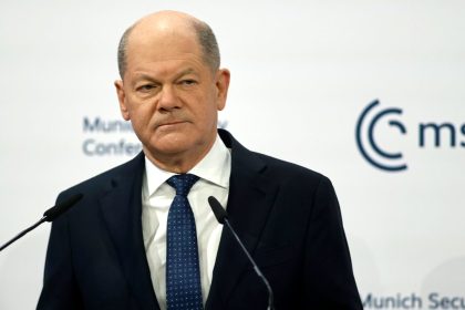 German chancellor Olaf Scholz speaks at the Munich Security Conference on Saturday.