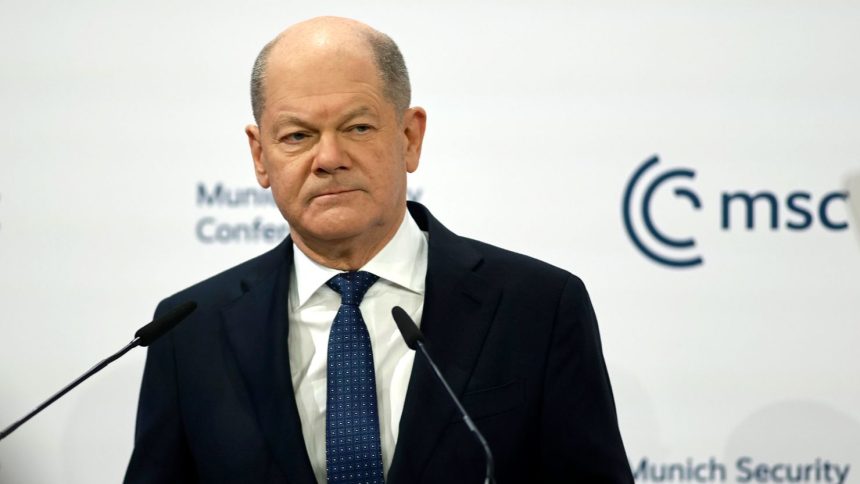 German chancellor Olaf Scholz speaks at the Munich Security Conference on Saturday.