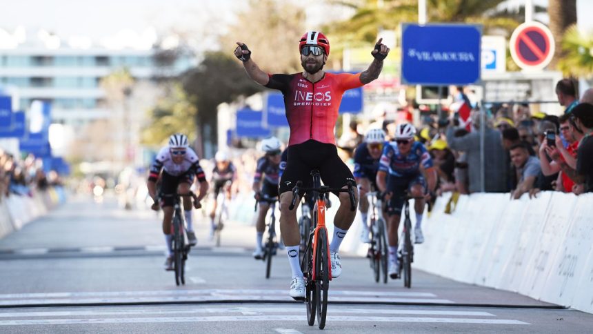 Filippo Ganna of Italy celebrates at finish line before the stage was scrapped.