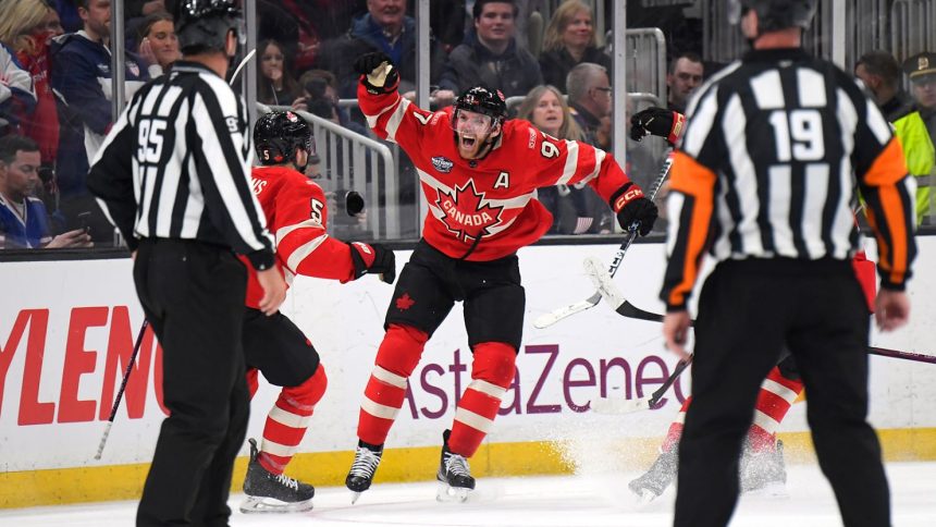 Connor McDavid #97 of Team Canada reacts after scoring the game-winning goal during the first overtime period of the 4 Nations Face-Off Championship game between Team Canada and Team United States.