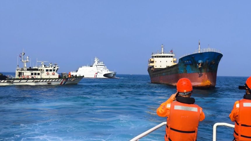 Taiwan's coast guard intercepts a cargo ship suspected of damaging an undersea cable connecting Taiwan to its outlying Penghu Islands on February 25, 2025.