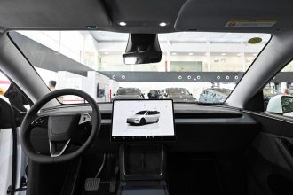 An interior of a Tesla Model Y car at in Beijing, on February 27.