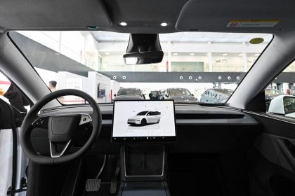 An interior of a Tesla Model Y car at in Beijing, on February 27.