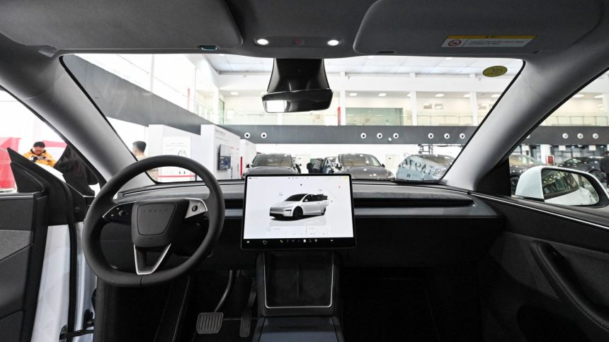 An interior of a Tesla Model Y car at in Beijing, on February 27.