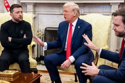 Volodymyr Zelensky, Ukraine's president, from left, US President Donald Trump, and Vice President JD Vance during a meeting in the Oval Office of the White House in Washington, DC, February 28, 2025.