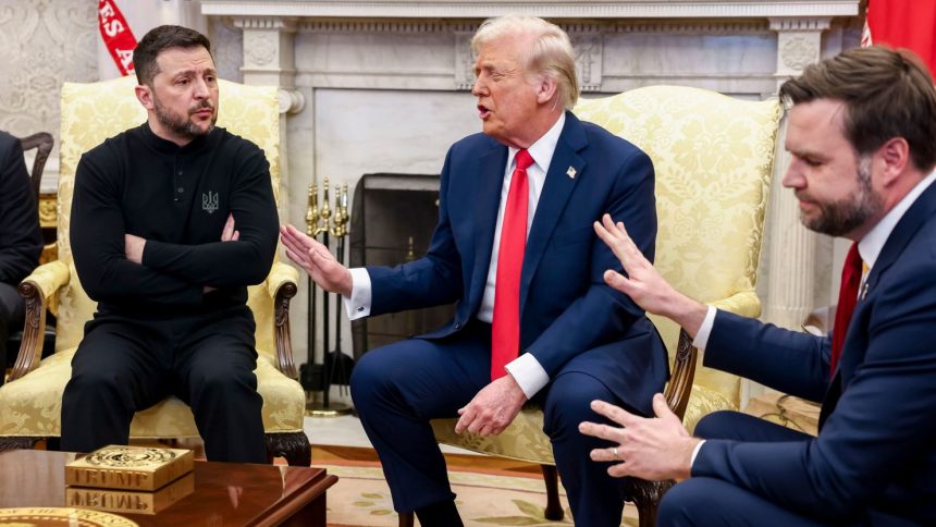 Volodymyr Zelensky, Ukraine's president, from left, US President Donald Trump, and Vice President JD Vance during a meeting in the Oval Office of the White House in Washington, DC, February 28, 2025.