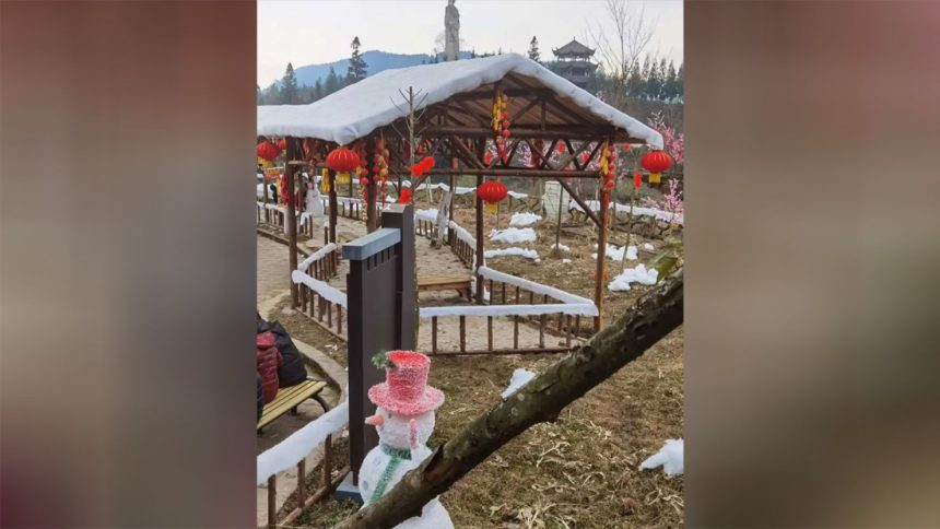 Fake snow, made of cotton, is seen at a village in Chengdu, China.