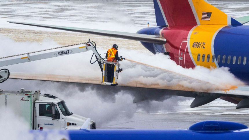 Crews deice a Southwest Airlines plane before takeoff in Omaha, Nebraska, in December 2022.