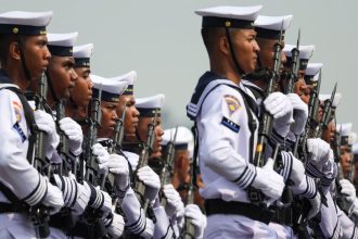 Indonesian Navy personnel march at the National Monument (Monas) complex in Jakarta, Indonesia on October 5, 2024.