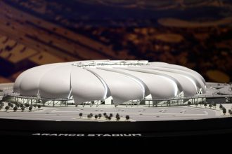 A model of the proposed Aramco Stadium is seen on displayed in Riyadh, Saudi Arabia.