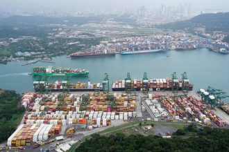 An aerial view shows containers at the Balboa Port, operated by Panama Ports Company, at the Panama Canal.