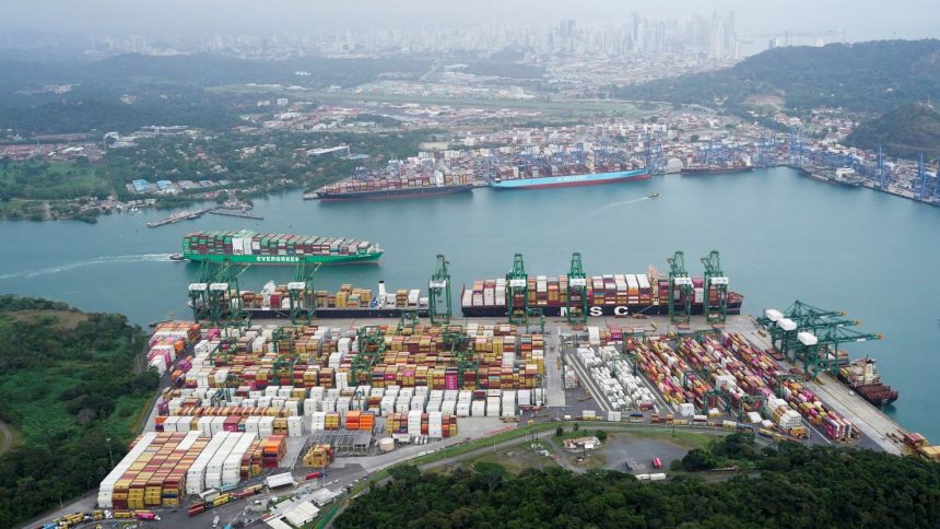 An aerial view shows containers at the Balboa Port, operated by Panama Ports Company, at the Panama Canal.