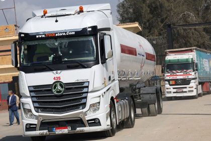 A truck moves from the Gaza Strip through the Rafah border crossing on the Egyptian side, in Rafah, Egypt on February 11.