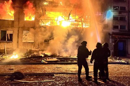 Firefighters work at the site of a Russian strike on a residential area in Dobropillia, Donetsk region, Ukraine, on Saturday.