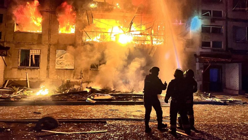 Firefighters work at the site of a Russian strike on a residential area in Dobropillia, Donetsk region, Ukraine, on Saturday.