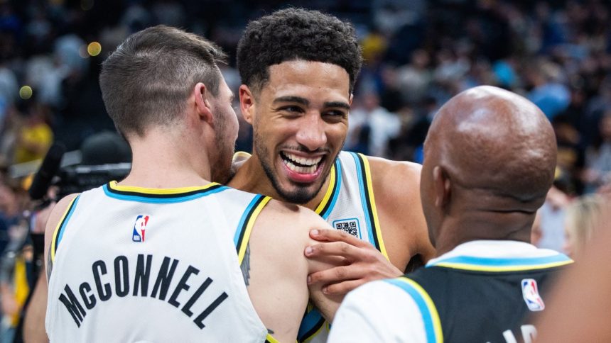 Tyrese Haliburton celebrates his outrageous game-winning play against the Milwaukee Bucks.