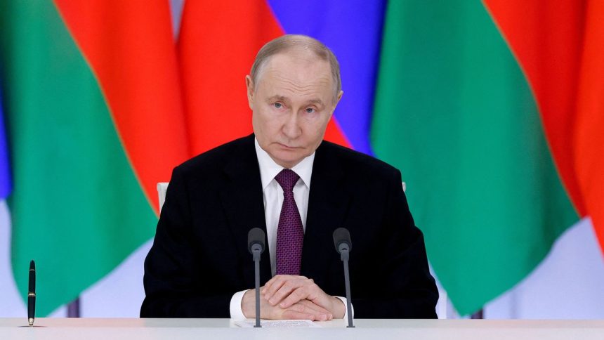 Russian President Vladimir Putin gives a news conference following a meeting with his Belarusian counterpart Alexander Lukashenko in Moscow, Russia, on Thursday.