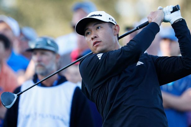 Collin Morikawa hits off of the tenth tee during the second round of The Players Championship at TPC Sawgrass.