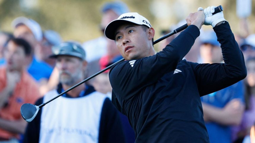 Collin Morikawa hits off of the tenth tee during the second round of The Players Championship at TPC Sawgrass.