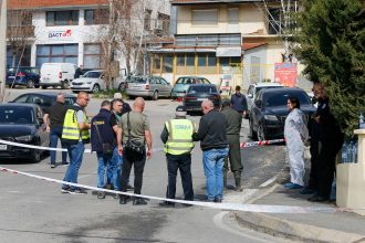 Emergency responders operate outside a night club in the town of Kocani, North Macedonia, on Sunday.