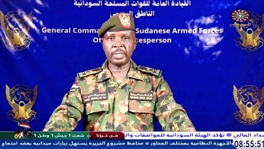 A Sudanese army spokesperson gives a statement on Sudan TV, after, according to the Sudanese army, they took control of the presidential palace on March 21, 2025.