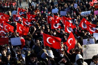 University students take part in a protest against the detention of Istanbul Mayor Ekrem Imamoglu, at Istanbul University, in Istanbul, Turkey, March 21, 2025.