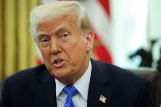 President Donald Trump delivers remarks with Defense Secretary Pete Hegseth in the Oval Office at the White House, in Washington, DC, on Friday.