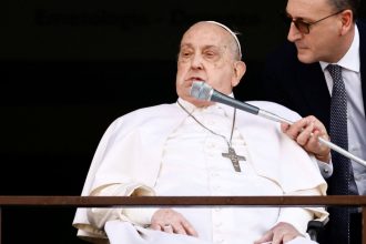 Pope Francis speaks during his first public appearance in five weeks, on the day he is set to be discharged from Gemelli Hospital, in Rome on Sunday.