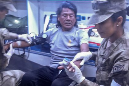 This handout picture released on March 15, 2025, by the Peruvian Navy shows Maximo Napa receiving medical attention upon his arrival in Paita, Peru.