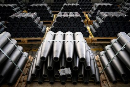 This photograph on April 4, 2023, shows shells at the workshop of the "Forges de Tarbes" which produces 155mm shells, the munition for French Caesar artillery guns in use by the Ukrainian armed forces, in Tarbes, southwestern France. - Nearly two years after financial hardships which saw The Forges de Tarbes restructure mutliple times and go into receivership, the factory has seen its activity revitalized by the conflict in Ukraine, as demand for 155mm shells outstrips available supply. (Photo by Lionel BONAVENTURE / AFP) (Photo by LIONEL BONAVENTURE/AFP via Getty Images)