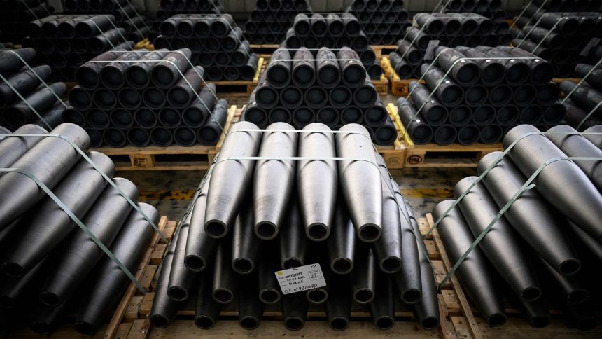 This photograph on April 4, 2023, shows shells at the workshop of the "Forges de Tarbes" which produces 155mm shells, the munition for French Caesar artillery guns in use by the Ukrainian armed forces, in Tarbes, southwestern France. - Nearly two years after financial hardships which saw The Forges de Tarbes restructure mutliple times and go into receivership, the factory has seen its activity revitalized by the conflict in Ukraine, as demand for 155mm shells outstrips available supply. (Photo by Lionel BONAVENTURE / AFP) (Photo by LIONEL BONAVENTURE/AFP via Getty Images)