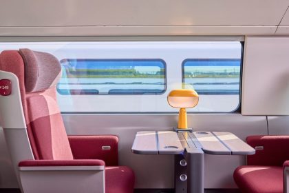 The first class carriage of new TGV INOUI train, pictured with lamps designed as part of a French-Japanese collaboration.